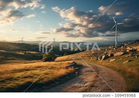 Wind turbines on the green hills against the colorful sunset sky. Production of renewable green energy. g. Generative AI 109459368