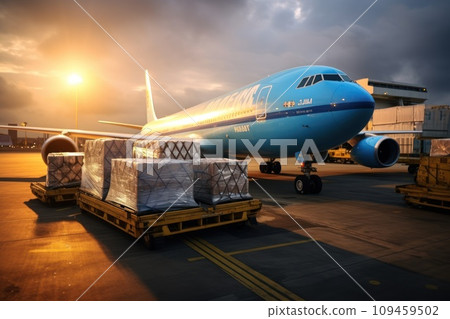 Commercial cargo air freight airplane loaded at airport in the evening, Generative AI 109459502
