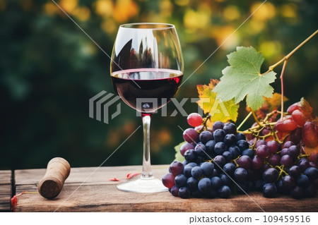Wine Glass with View of Vineyard at Evening Sunset Photo Wallpaper Generative AI 109459516