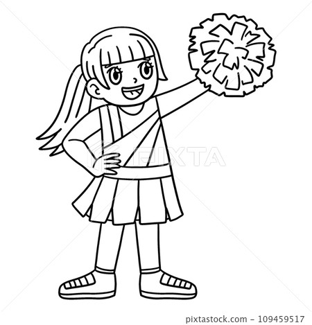 Girl Cheerleader Raising Pompoms Isolated Coloring 109459517