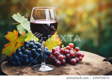 Wine Glass with View of Vineyard at Evening Sunset Photo Wallpaper Generative AI 109459870