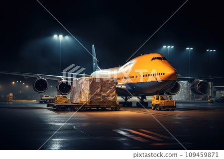 Commercial cargo air freight airplane loaded at airport in the evening, Generative AI 109459871