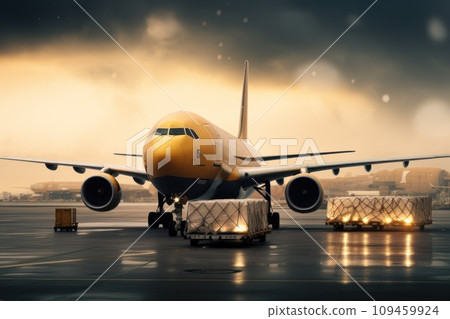 Commercial cargo air freight airplane loaded at airport in the evening, Generative AI 109459924