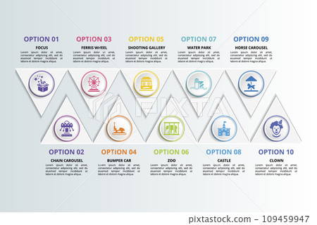 Infographics with Amusment Park theme icons, 10 steps. Such as focus, chain carousel, ferris wheel, bumper car and more. 109459947