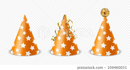 Vector 3d Realistic Orange and White Birthday Party Hat Icon Set Isolated on White Background. Party Cap Design Template for Party Banner, Greeting Card. Holiday Hats, Cone Shape, Front View Vector 3d Realistic Orange and White Birthday Party Hat Icon Set Isolated on White Background. Party Cap Design Template for Party Banner, Greeting Card. Holiday Hats, Cone Shape, Front View 109460031
