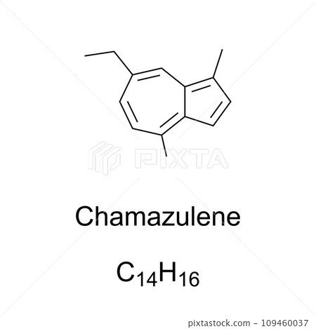 Chamazulene chemical formula and structure. Organic aromatic compound and blue-violet derivative of azulene, found in chamomile, wormwood, yarrow, and other plants, with anti-inflammatory properties. Chamazulene chemical formula and structure. Organic aromatic compound and blue-violet derivative of azulene, found in chamomile, wormwood, yarrow, and other plants, with anti-inflammatory properties. 109460037