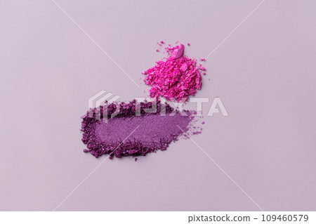 Composition of  eye shadow cosmetics swatches. Eyeshadow smudged texture. Creative cosmetics samples. 109460579