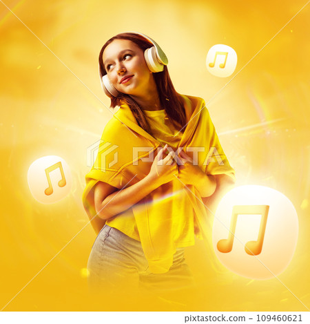 Portrait of attractive lady, smoothly moving while listening her favorite melody against yellow, sunny background with neon dust and flying bubbles with notes. Portrait of attractive lady, smoothly moving while listening her favorite melody against yellow, sunny background with neon dust and flying bubbles with notes. 109460621