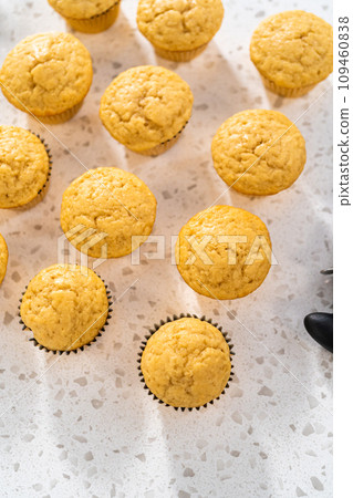 Cooling freshly baked dulce de leche cupcakes on a kitchen counter. Cooling freshly baked dulce de leche cupcakes on a kitchen counter. 109460838