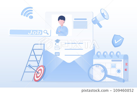 Employee hiring concept. HR choose employee from resume, curriculum vitae (CV), interview sending by email. Searching, finding, education, job experience, opportunity. Flat vector design illustration. Employee hiring concept. HR choose employee from resume, curriculum vitae (CV), interview sending by email. Searching, finding, education, job experience, opportunity. Flat vector design illustration. 109460852