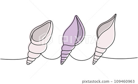 Mollusks. Sea shells, mollusks, scallop, pearls. Tropical underwater shells continuous one line illustration. Vector minimalist linear illustration. 109460963