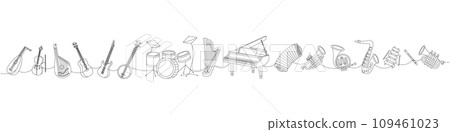 Set of musical instruments. Lute, violin, bandura, acoustic guitar, electric bass guitar, american banjo, drum kit, lyre, wooden harp, grand piano. 109461023