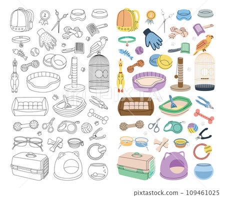 Animals supplies for pet store design. Sleeping pillow, chew toy, scissors, nail clippers, brush, fur remover, aquarium, backpack carrier 109461025