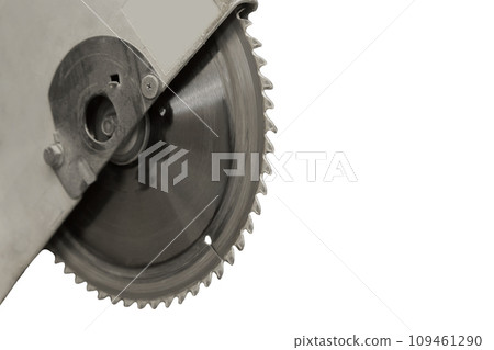 Circular Saw Sharp Spikes Diamond Blade Machine Close-up Industrial Equipment Sawing Tool Isolated White Background 109461290