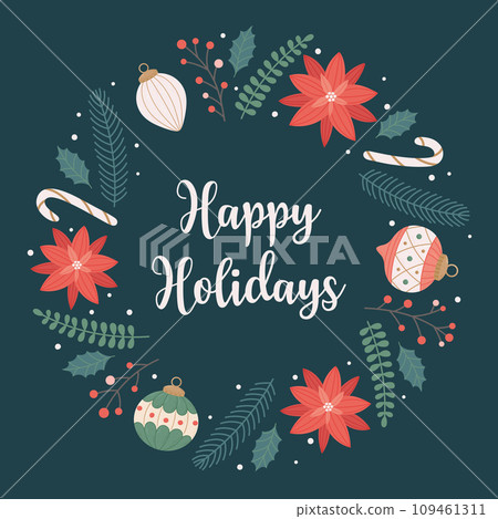happy Holidays. Christmas card with poinsettia flowers and other Christmas decorations on a blue background. happy Holidays. Christmas card with poinsettia flowers and other Christmas decorations on a blue background. 109461311