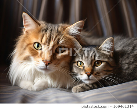 Illustration of friendly cats relaxing and relaxing (AI generated image, AI image) 109461314
