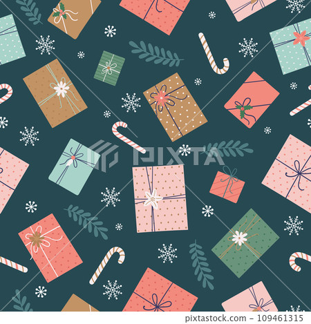 Festive seamless pattern with Christmas gifts, candies and 109461315