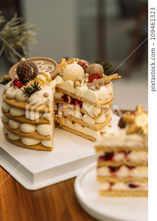 Delicious layered honey cake decorated with chocolate in the shape of Christmas tree decorations Delicious layered honey cake decorated with chocolate in the shape of Christmas tree decorations 109461323