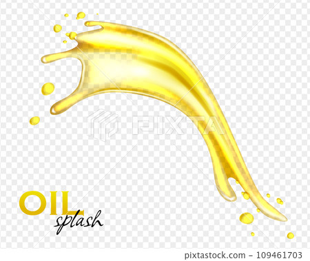 Oil splashing isolated. Fruit beverage elements for advertising or package design. Realistic yellow liquid with drop Oil splashing isolated. Fruit beverage elements for advertising or package design. Realistic yellow liquid with drop 109461703