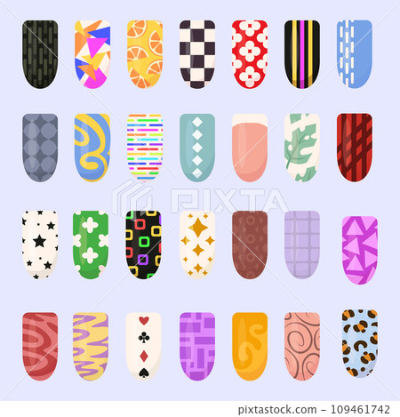 Ideas of nails design art. Bright colorful manicure set. Colorful glossy decorative polish collection with texture and print for finger nail. 109461742