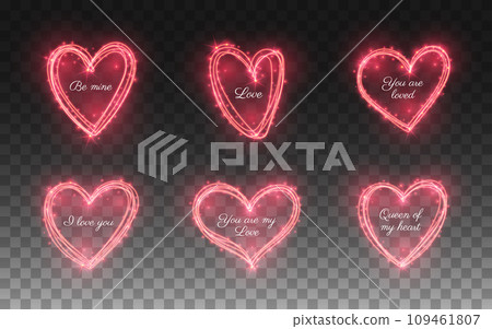 Red heart shape frame firework light glow effect with sparkles. Template for love text, romantic Valentine Day greeting card decorative elements on transparent background Red heart shape frame firework light glow effect with sparkles. Template for love text, romantic Valentine Day greeting card decorative elements on transparent background 109461807