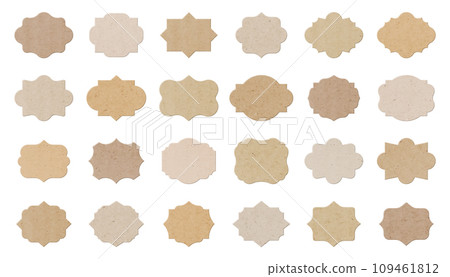 Vintage cardboard label set. Blank frames with paper grunge texture. Abstract ornate retro empty badges. Premium quality product price tag template. Different ornamental filigree flat craft stickers 109461812