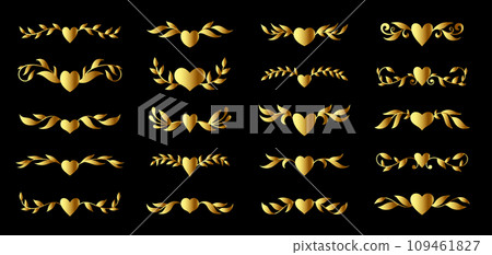 Gold brooch with flourish branch and heart shape, ornate branches pattern. Luxury fashion pin, valentine day love card, text divider, wedding invitation decorations Gold brooch with flourish branch and heart shape, ornate branches pattern. Luxury fashion pin, valentine day love card, text divider, wedding invitation decorations 109461827
