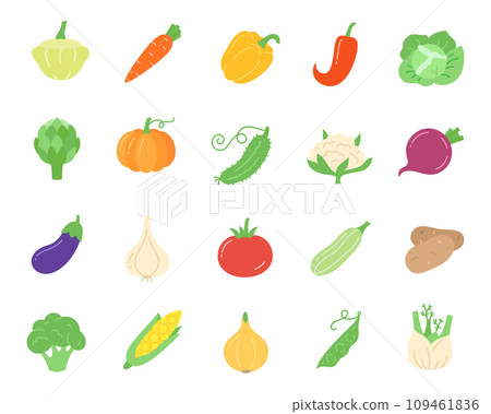 Vegetable flat icon set. Vegetarian food signs squash, carrots pepper cabbage, artichoke pumpkin cucumber, cauliflower beets eggplant garlic, tomato zucchini potatoes broccoli corn onion, peas fennel 109461836