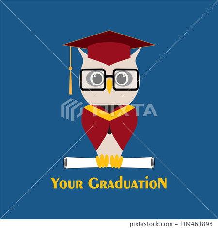 Owl in a graduate hat, master cap holds a graduate certificate, paper roll, scroll document, diploma in paws. Vector owl character in professors or teachers mortar 109461893