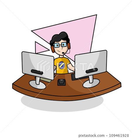 Isolated boy gamer character playing on a computer Vector 109461928