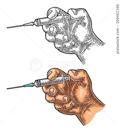 Hand makes an injection with a syringe. Engraving vintage vector 109462166