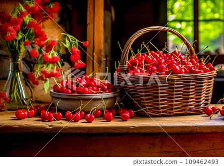 AI-generated content. cherries in a basket on a wooden table in the kitchen 109462493