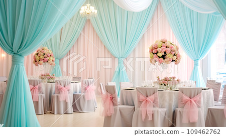 AI-generated content. hall with round tables decorated for celebrations and weddings in pastel colors 109462762