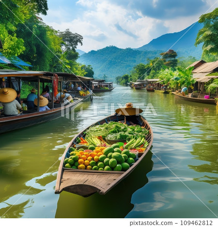 Floating Food Market, Asian Floating Market, Traditional Thailand Culture, Fruits and Vegetables 109462812