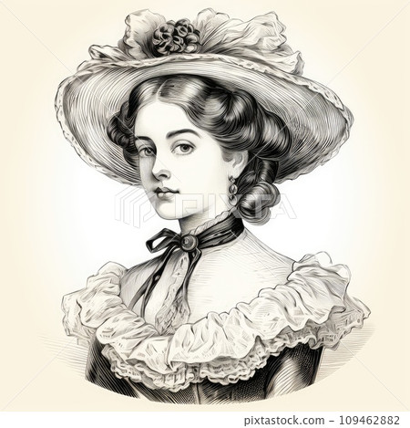 Young Lady Ink Portrait, Vintage Woman in a Hat - Stock