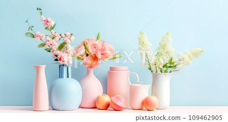 AI-generated content. vases with flowers and fruits in pastel colors, wallpaper, banner 109462905