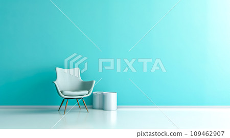 AI-generated content. chair by the blue wall, minimalist interior design living room in pastel colors 109462907