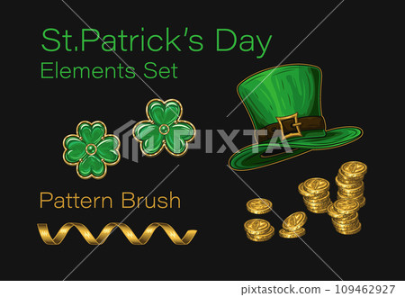 Set of design elements for St Patricks day in vintage style. Jewelry clover, shamrock, leprechaun top hat, golden coins, party streamer pattern brush. Set of design elements for St Patricks day in vintage style. Jewelry clover, shamrock, leprechaun top hat, golden coins, party streamer pattern brush. 109462927