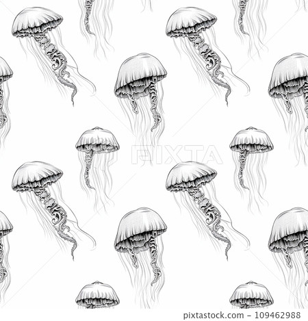 Hand Drawn Jellyfish Seamless Pattern, Sketched Animal Sea, Jelly Fish Ink Tile, Ocean Medusa 109462988
