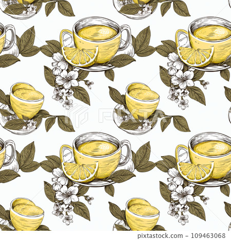 Watercolor Lemon Tea Seamless Pattern, Aquarelle Yellow Citron Tropical Fruit, Creative Watercolor Citrus 109463068