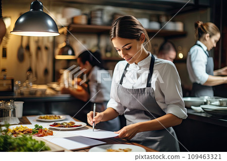 Restaurant Critic, Restaurant Manager, Chef with Restaurant Menu, Orthorexia Concept 109463321