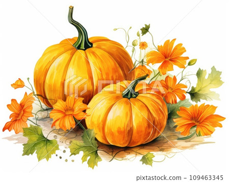 Watercolor Squash Isolated, Aquarelle Pumpkin, Creative Watercolor Gourd on White Background 109463345