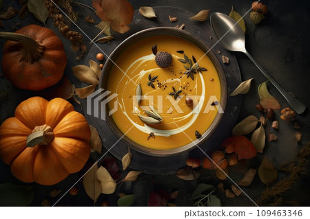 Pumpkin Cream Soup, Orange Autumn Dinner, Healthy Pumpkin Lunch, Vegetarian Food, Generative AI Pumpkin Cream Soup, Orange Autumn Dinner, Healthy Pumpkin Lunch, Vegetarian Food, Generative AI 109463346