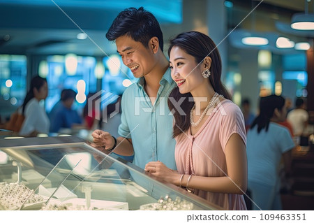 Couple Purchasing Jewellery, Man and Woman in Jewelry Store, Luxury Jewellery Shopping Couple Purchasing Jewellery, Man and Woman in Jewelry Store, Luxury Jewellery Shopping 109463351