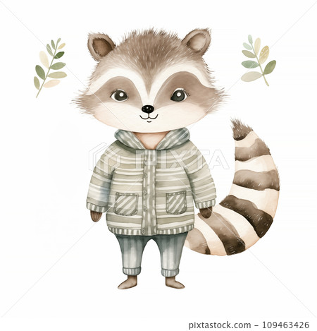 AI-generated content. A heartwarming watercolor painting of a raccoon in a cozy green striped jacket, showcasing innocent eyes and a striped tail, complemented by subtle foliage accents. 109463426