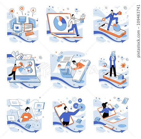 Progressive business vector illustration. Marketing, messenger delivering story progressive business success Winning solutions are keystones in progressive business planning Development is canvas Progressive business vector illustration. Marketing, messenger delivering story progressive business success Winning solutions are keystones in progressive business planning Development is canvas 109463741