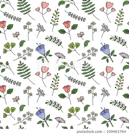 Floral seamless pattern. White vector background with cute hand drawn flowers, leaf elements. Decorative plants repeat illustration Floral seamless pattern. White vector background with cute hand drawn flowers, leaf elements. Decorative plants repeat illustration 109463764