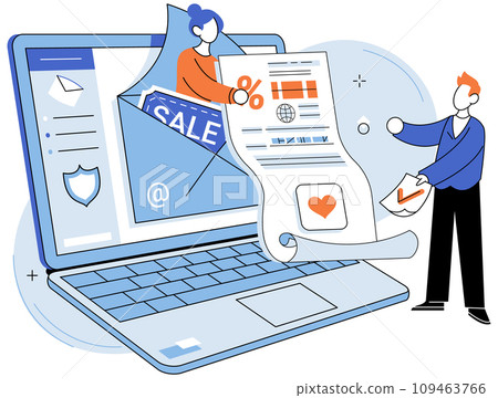 Email marketing vector illustration. Mail delivery systems ensure marketing messages reach intended recipients Achieving high open rates and click through rates is considered significant achievement 109463766