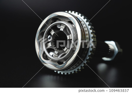 Automotive CV joint. Drive shaft connection on a black background. New constant velocity joints. New automobile CV joints. High-quality spare parts for car service or repair. Auto parts store Automotive CV joint. Drive shaft connection on a black background. New constant velocity joints. New automobile CV joints. High-quality spare parts for car service or repair. Auto parts store 109463837