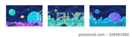 Space game. Vector illustration. The futuristic visuals and retro arcade gameplay create captivating space game experience Navigating through pixelated asteroid field tests your piloting skills Space game. Vector illustration. The futuristic visuals and retro arcade gameplay create captivating space game experience Navigating through pixelated asteroid field tests your piloting skills 109463890